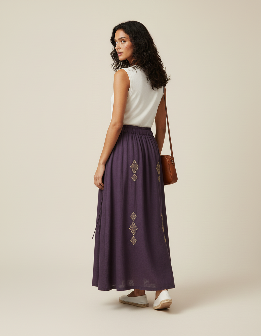Jupe Longue Pourpre Brodée Bohème