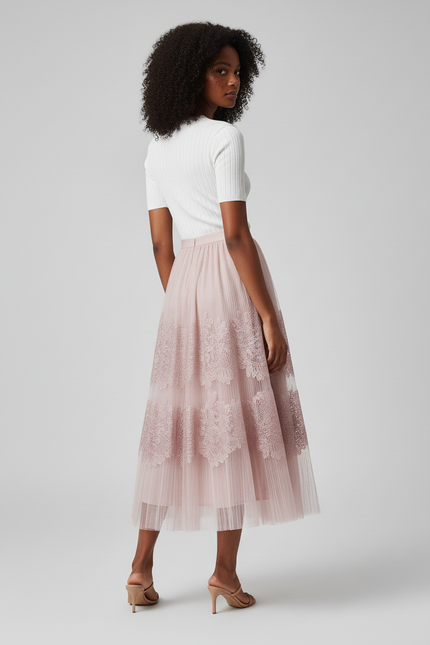 Jupe Longue Rose Dentelle Fluide