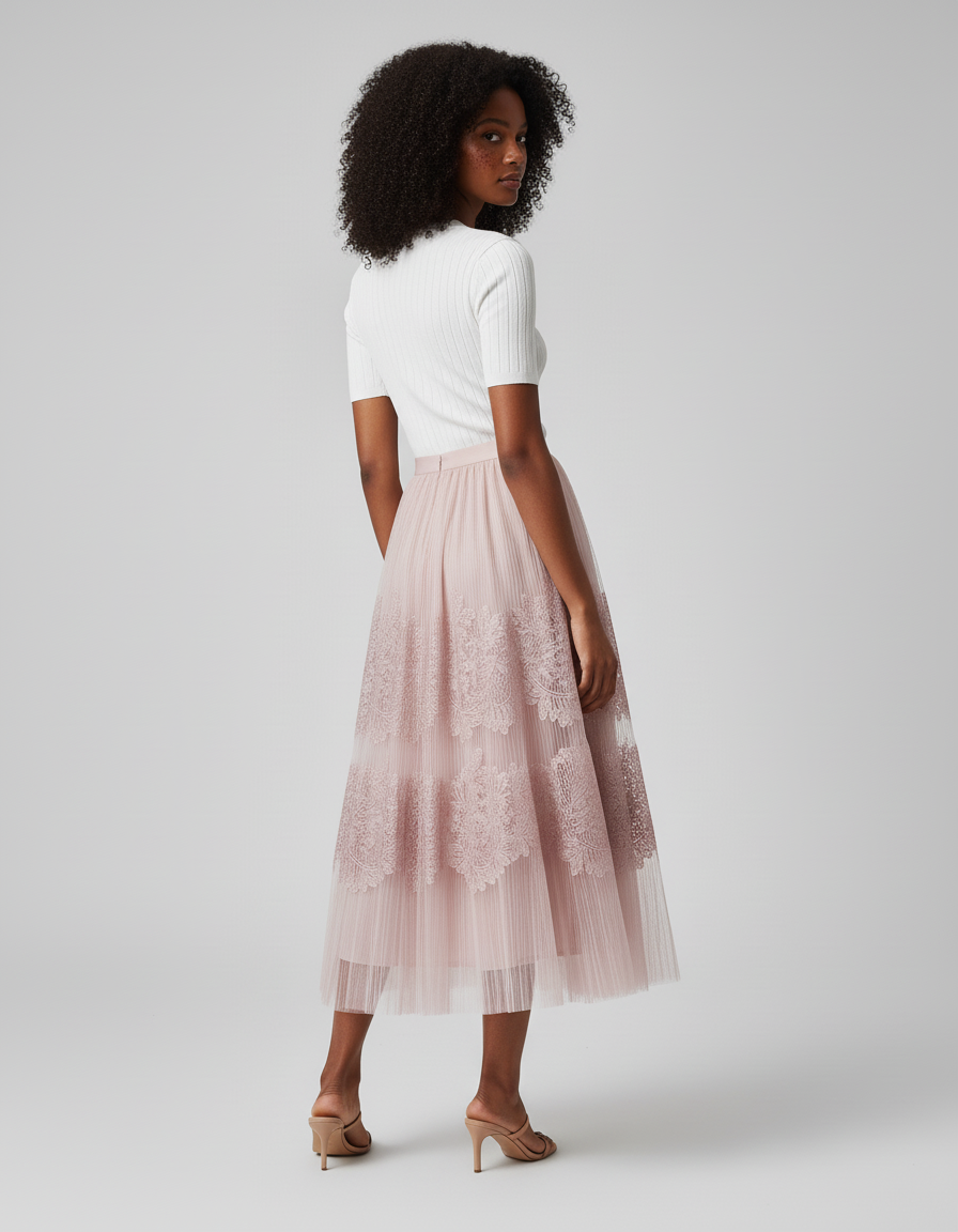 Jupe Longue Rose Dentelle Fluide