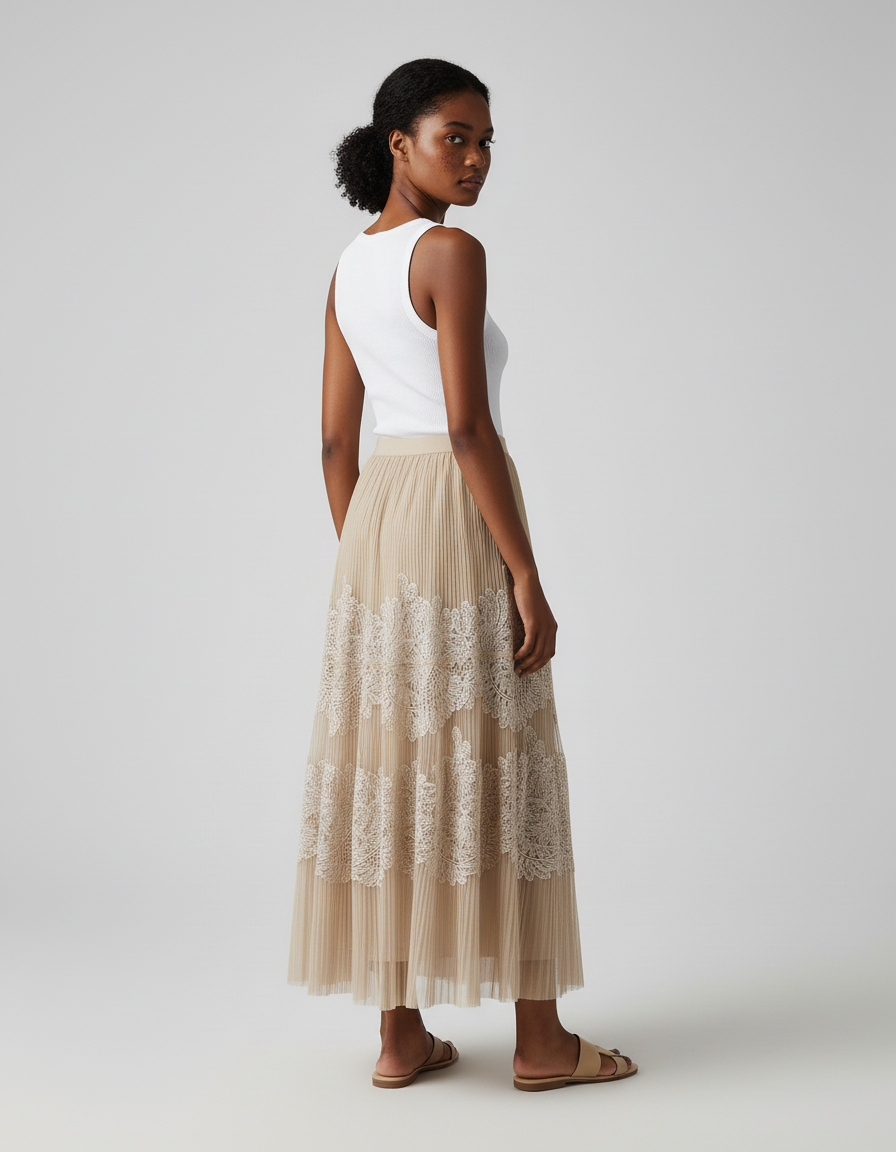 Jupe Longue Plissée Dentelle Fluide