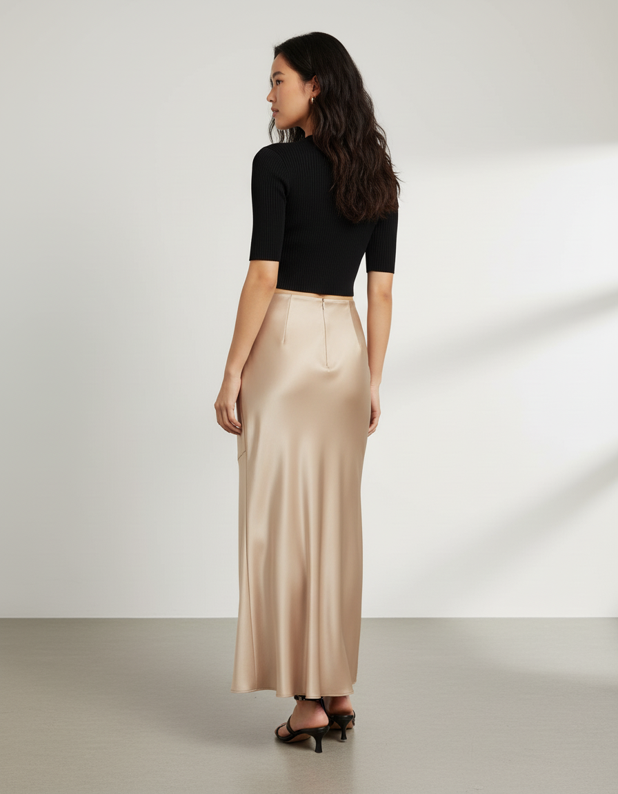 Jupe Longue Satin Beige Élégante