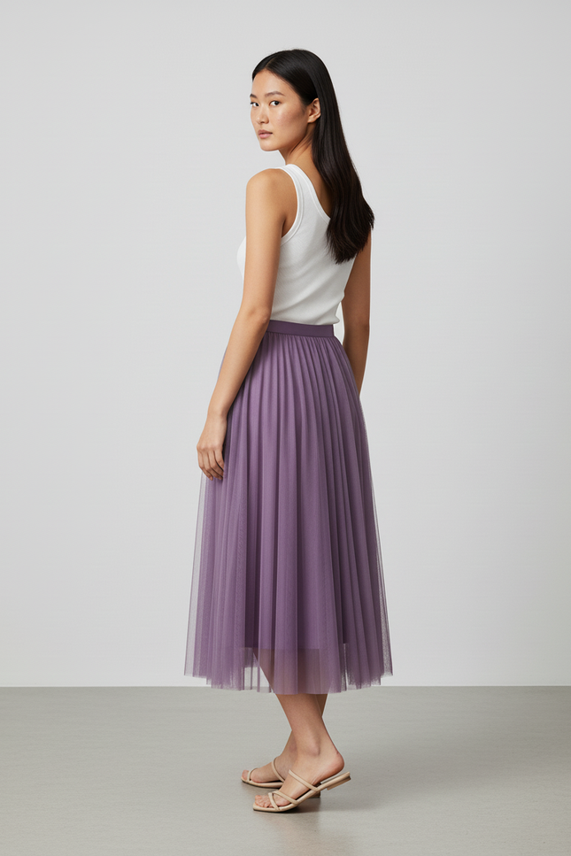 Jupe Longue Tulle Lavande Plissée