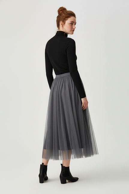 Jupe Longue Grise Tulle Plissée