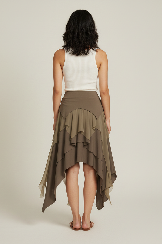 Jupe Longue Asymétrique Kaki Fluide