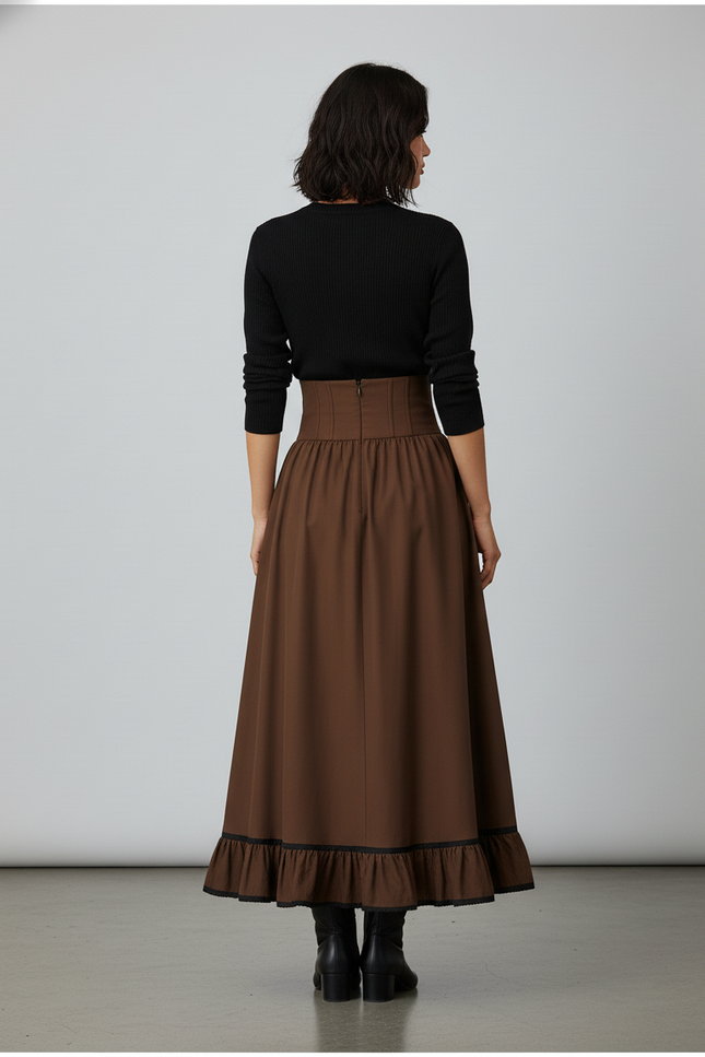 Jupe Longue Marron Taille Corset Élégante