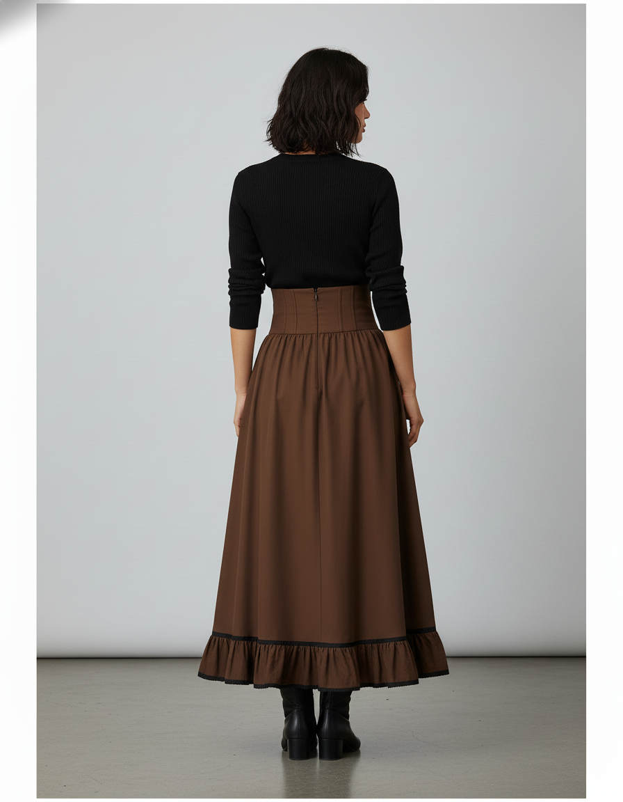 Jupe Longue Marron Taille Corset Élégante