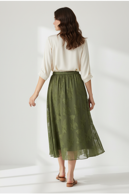 Jupe Longue Vert Olive Motif Floral Fluide