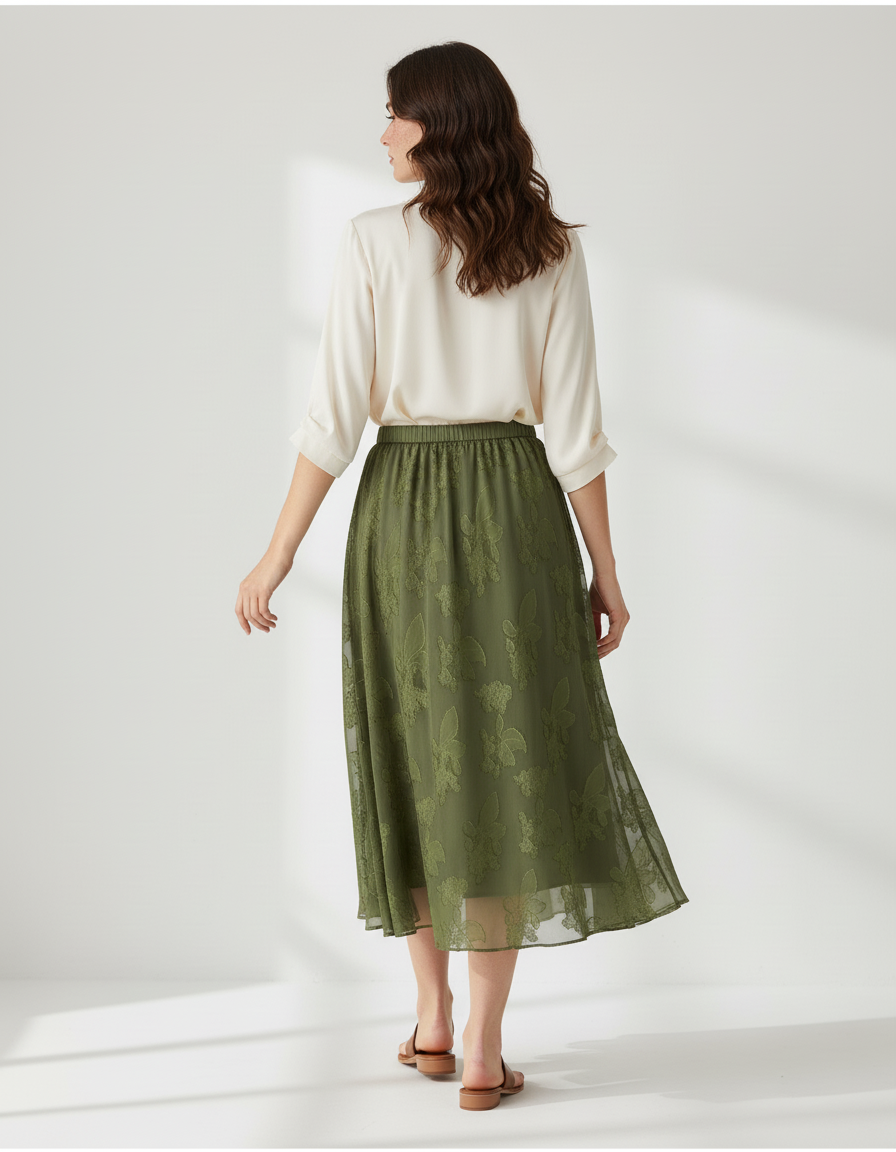 Jupe Longue Vert Olive Motif Floral Fluide