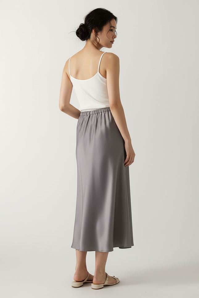 Jupe Longue Grise Satinée Élégante Mode