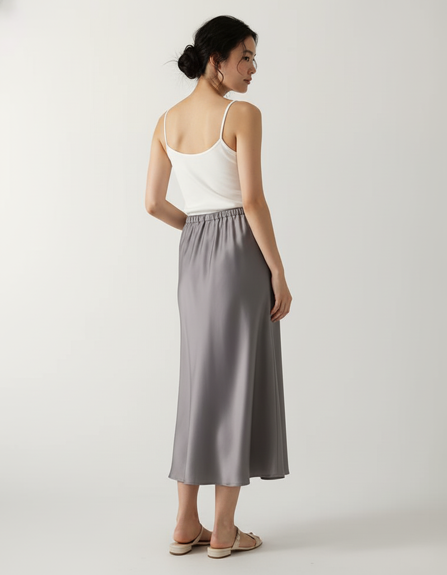 Jupe Longue Grise Satinée Élégante Mode