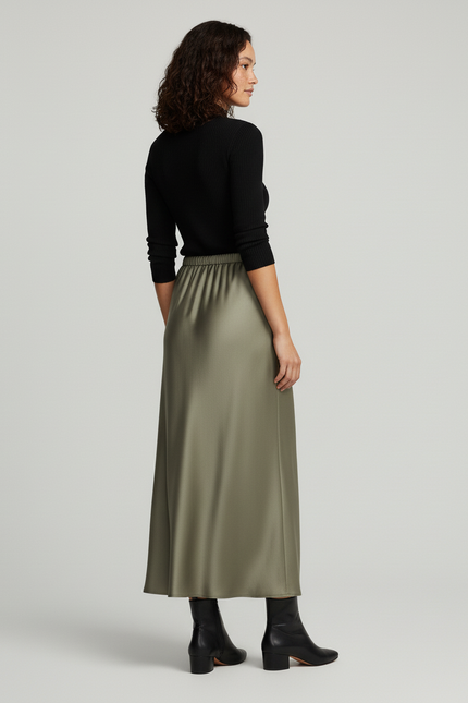 Jupe Longue Vert Kaki Satinée Élégante