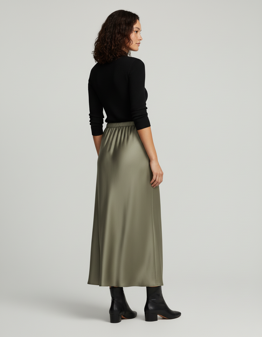 Jupe Longue Vert Kaki Satinée Élégante