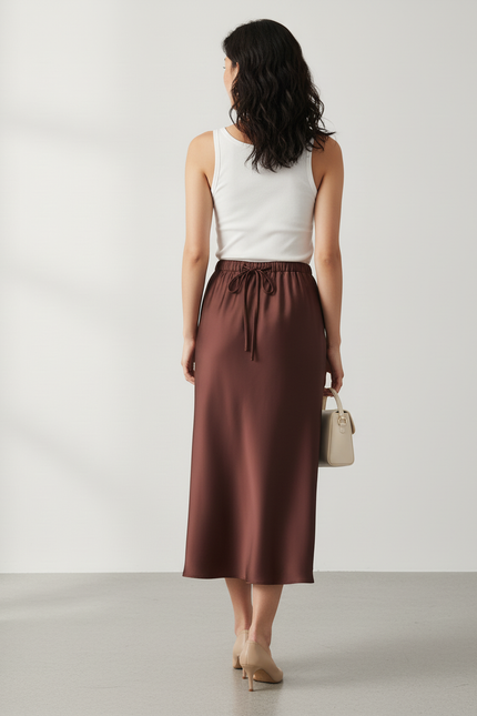 Jupe Longue Marron Satin Élégante