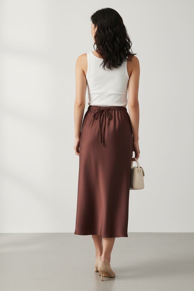 Jupe Longue Marron Satin Élégante