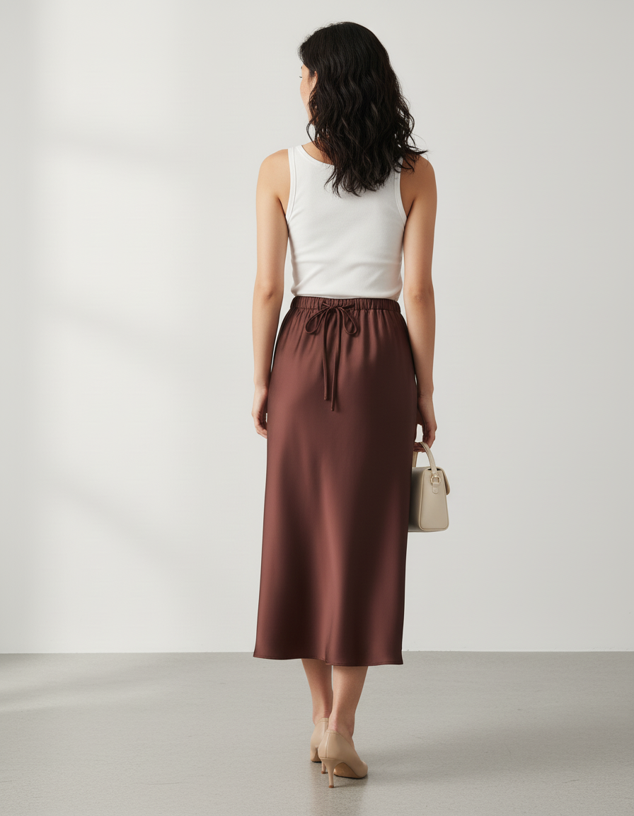 Jupe Longue Marron Satin Élégante