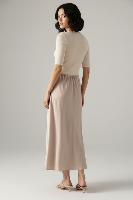Jupe Longue Satin Beige Élégante Chic
