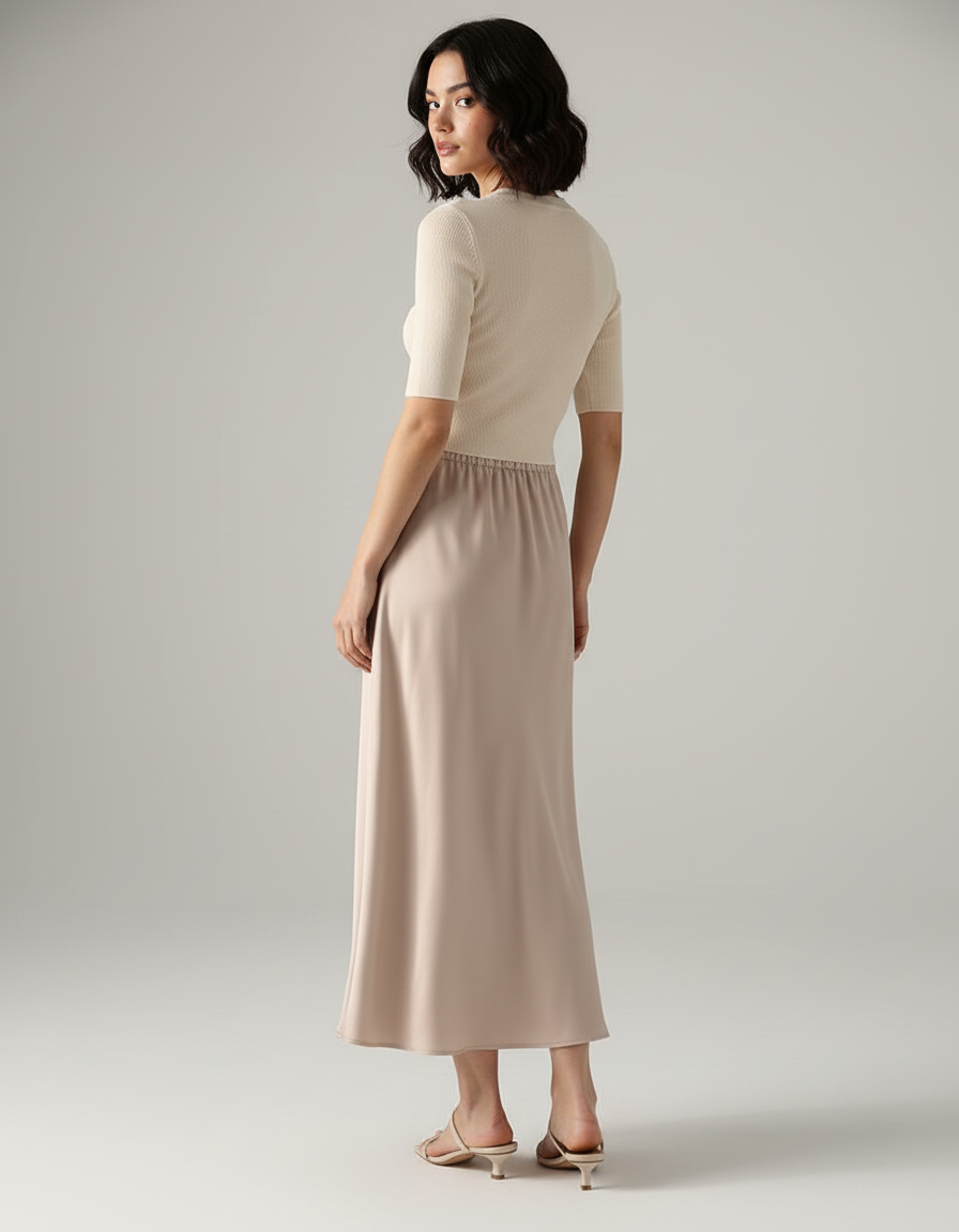 Jupe Longue Satin Beige Élégante Chic