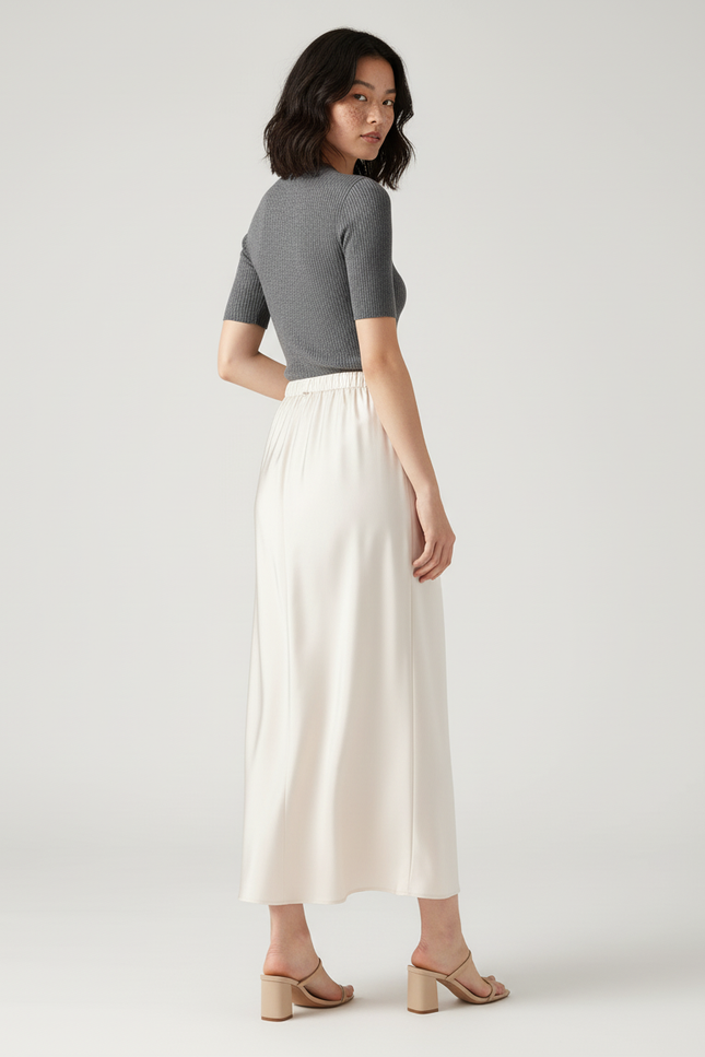 Jupe Longue Satin Beige Fluide Femme
