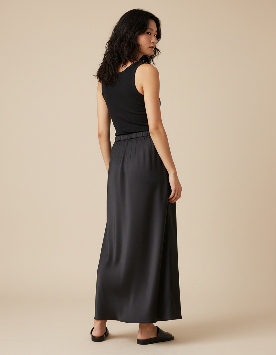 Jupe Longue Noire Satinée Élégante Bohème