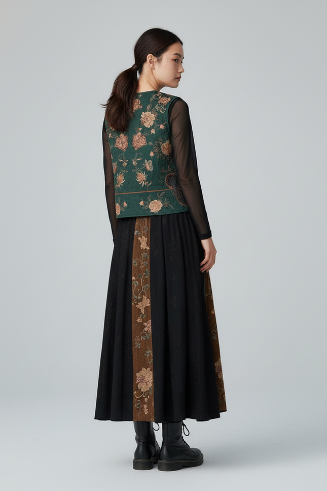 Jupe Longue Noire Brodée Élégante Soirée