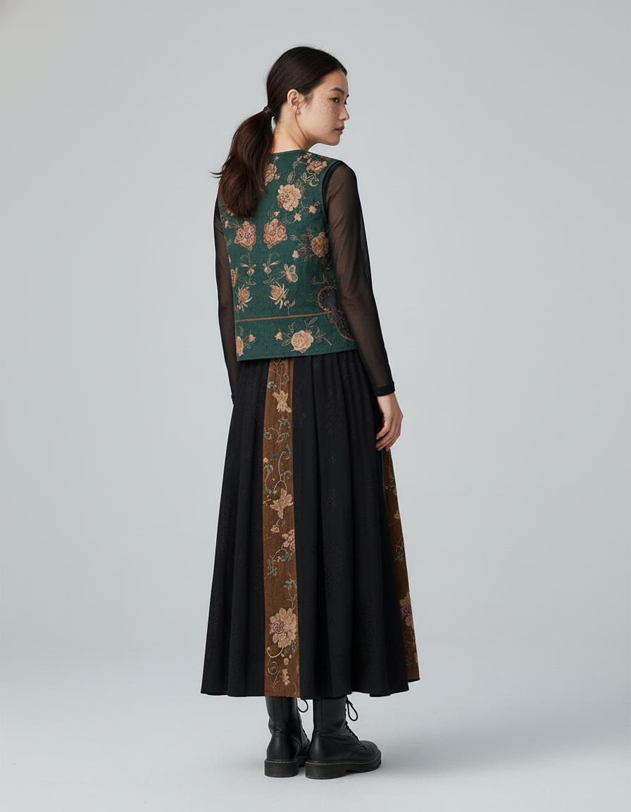 Jupe Longue Noire Brodée Élégante Soirée