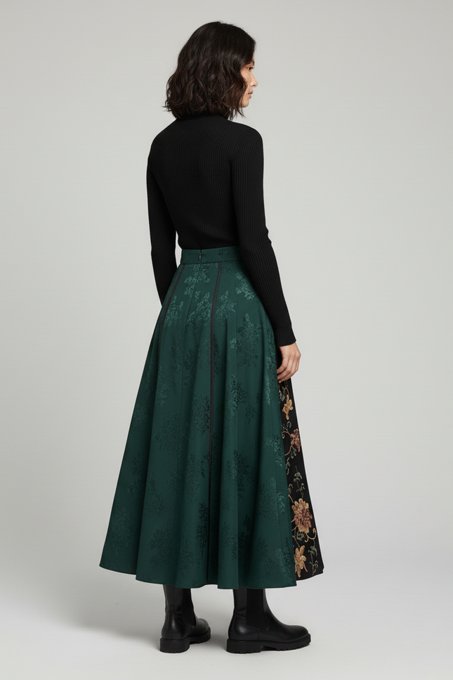 Jupe Longue Verte Brodée Florale Élégante
