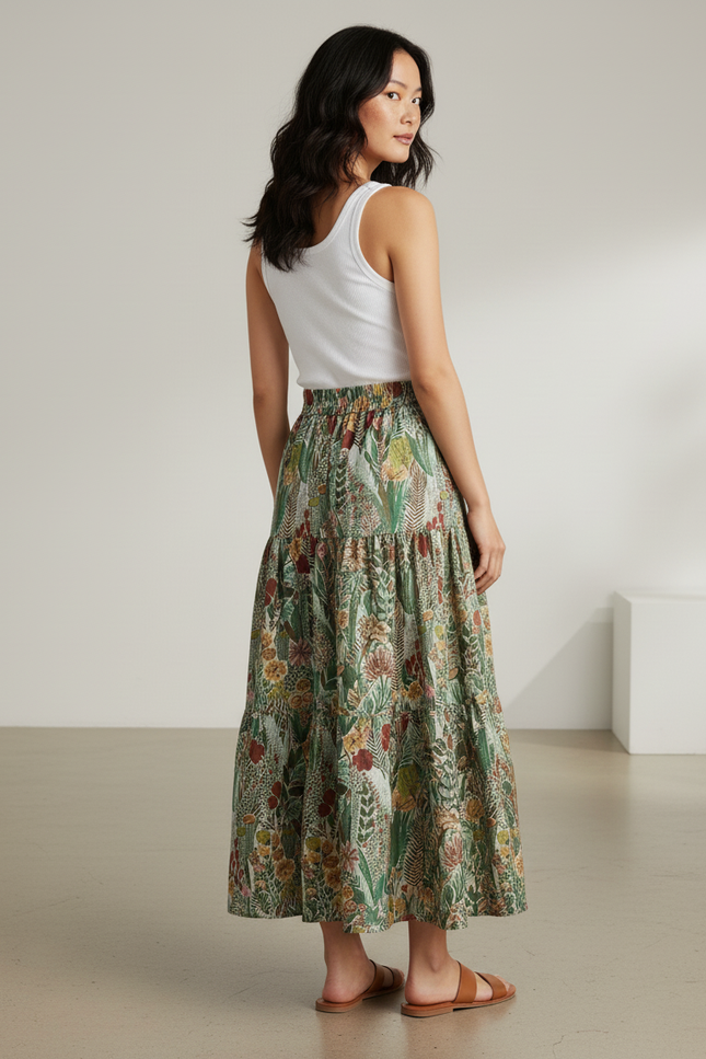 Jupe Longue À Volants Motif Floral Chic