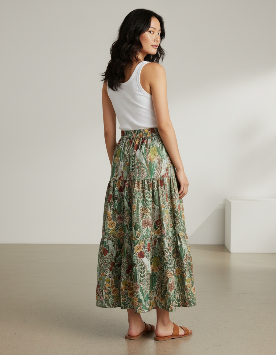 Jupe Longue À Volants Motif Floral Chic