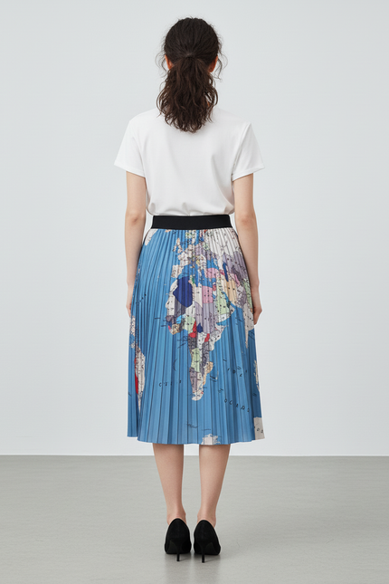 Jupe Longue Plissée Imprimé Carte Fluide