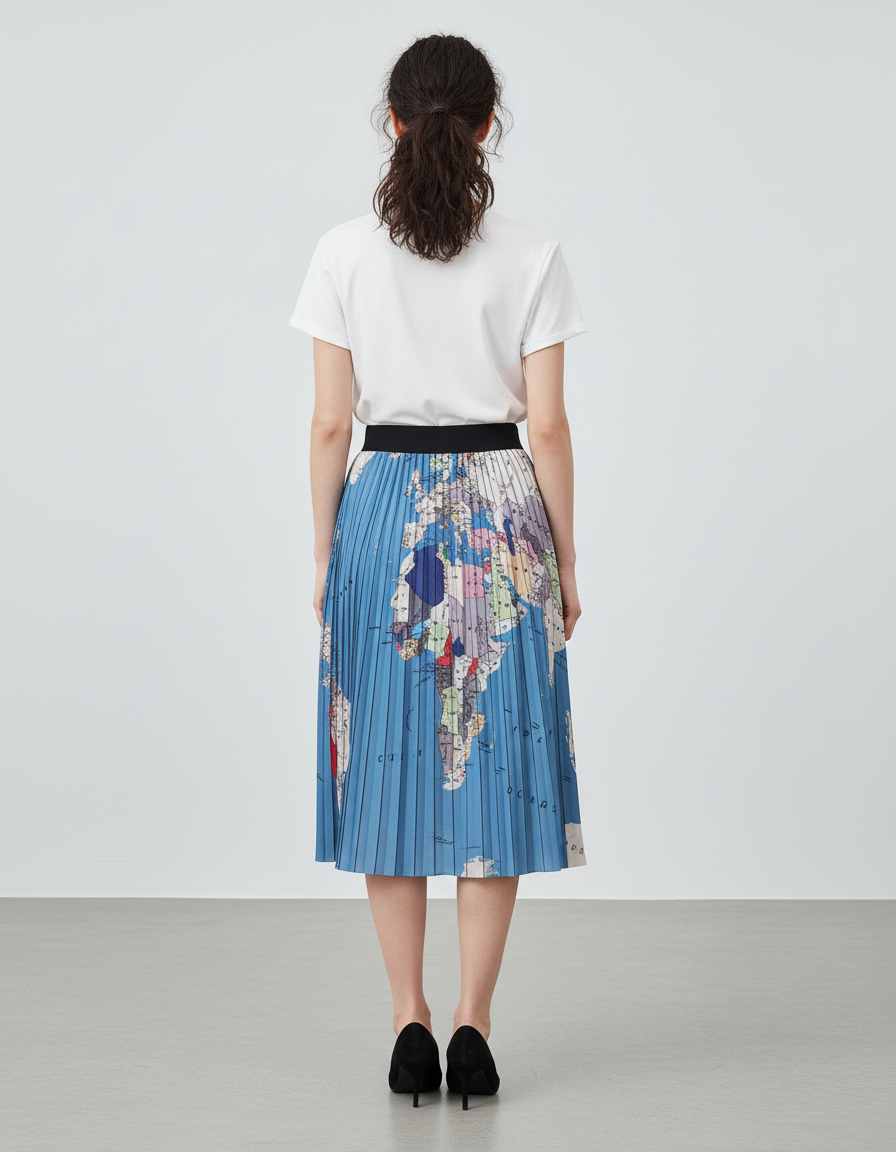 Jupe Longue Plissée Imprimé Carte Fluide