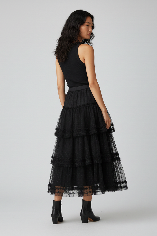 Jupe Longue Noire Volant