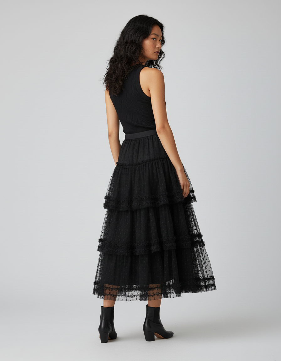 Jupe Longue Noire Volant