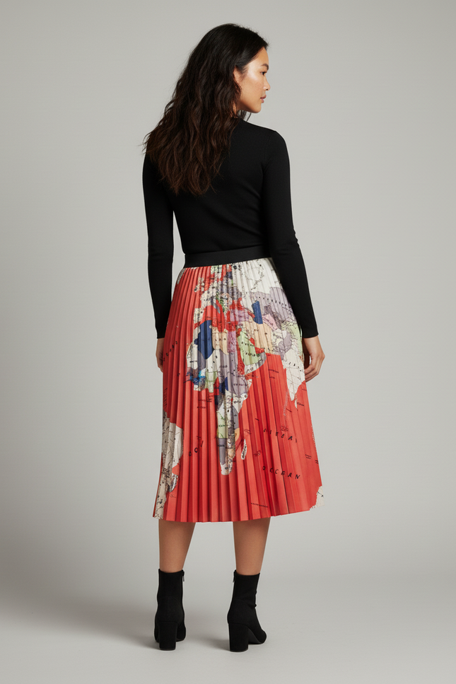 Jupe Longue Imprimé Carte Plissée Fluide
