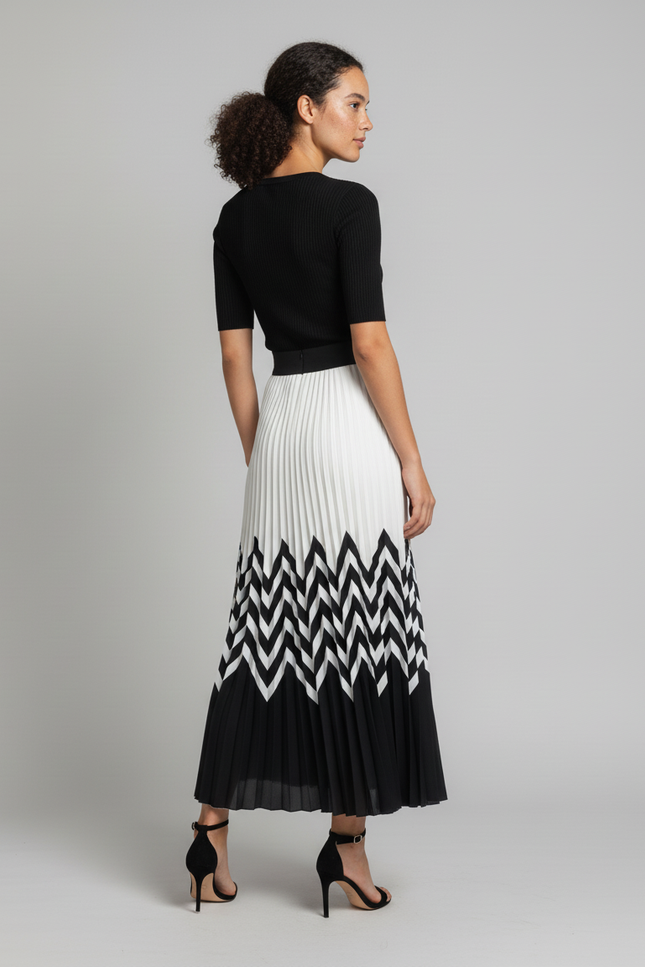 Jupe Longue Plissée Motif Chevron Chic