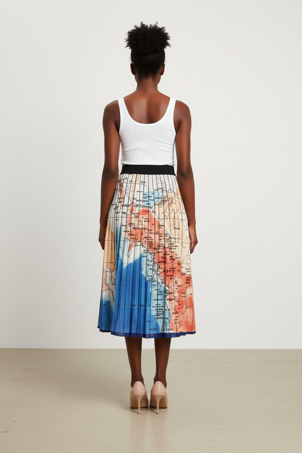 Jupe Longue Plissée Imprimé Carte Chic