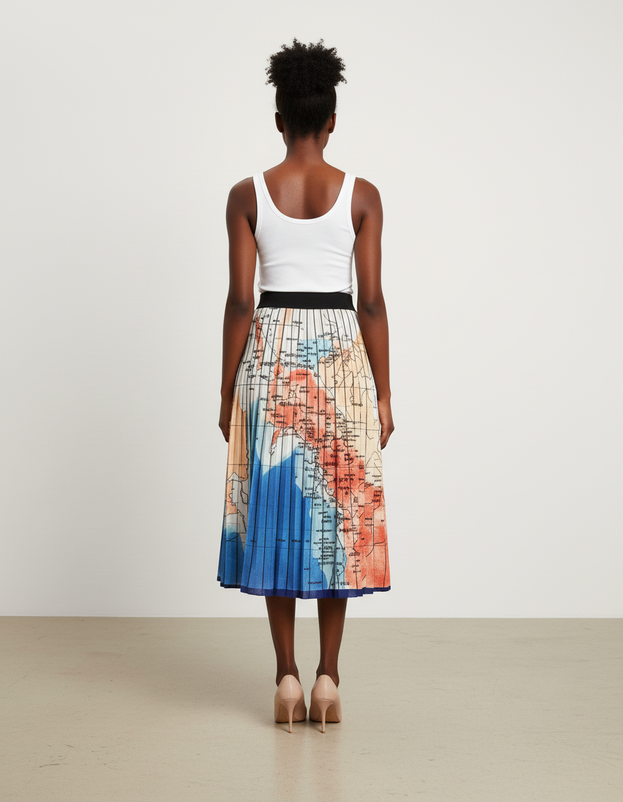 Jupe Longue Plissée Imprimé Carte Chic