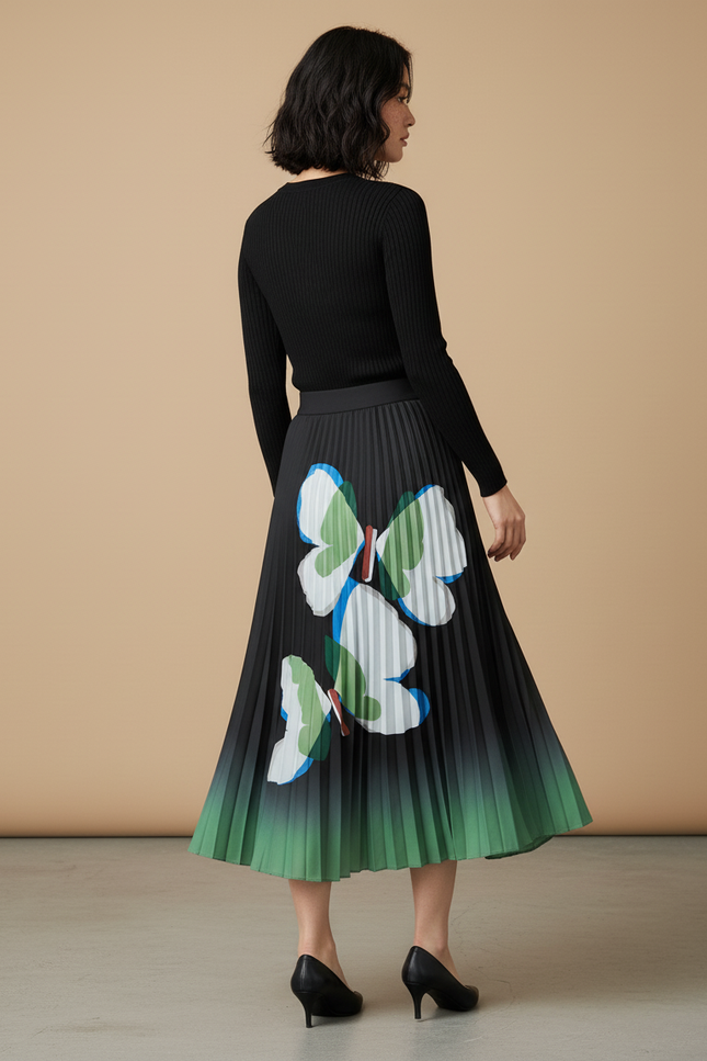 Jupe Longue Plissée Dégradé Vert Fluide