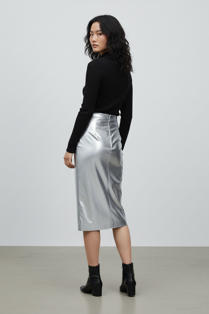 Jupe Longue Argentée Brillante Moulante