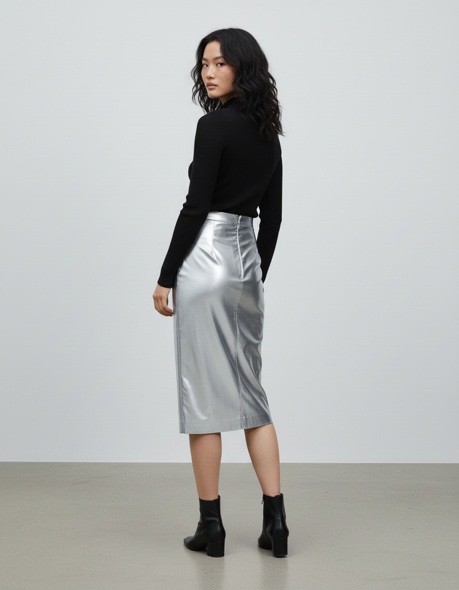 Jupe Longue Argentée Brillante Moulante