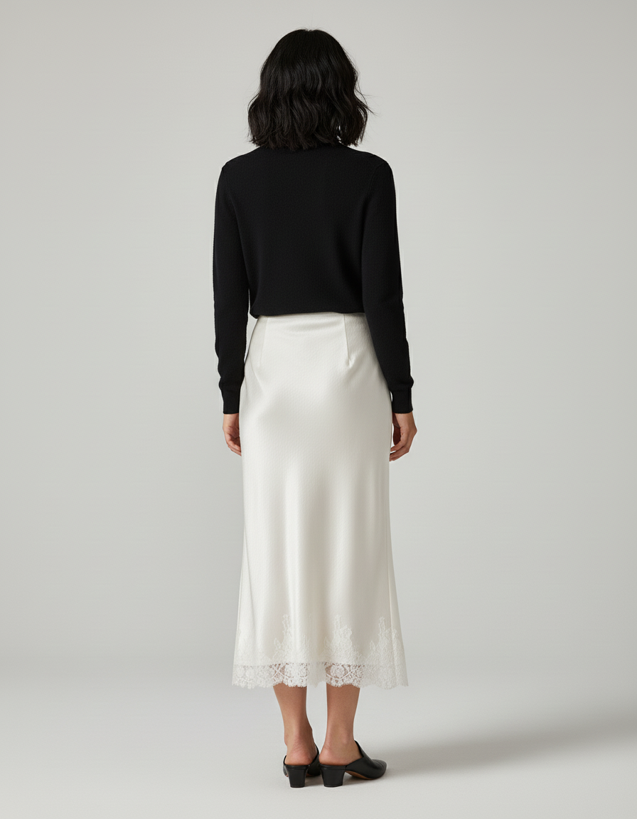 Jupe Longue Satin Dentelle Élégante Mode