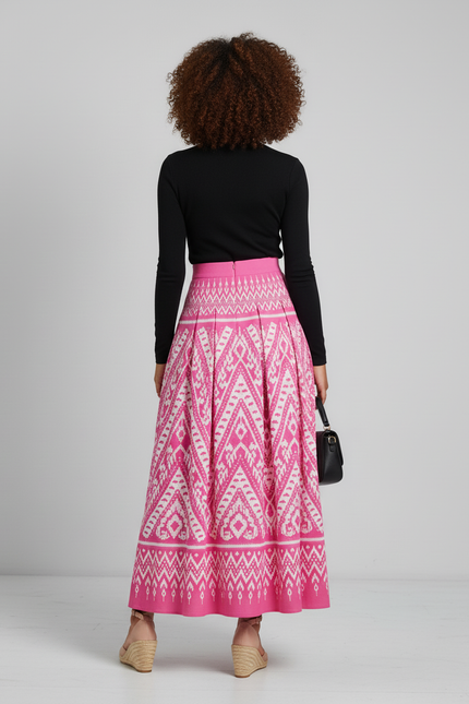 Jupe Longue Rose Imprimée Ikat Élégante