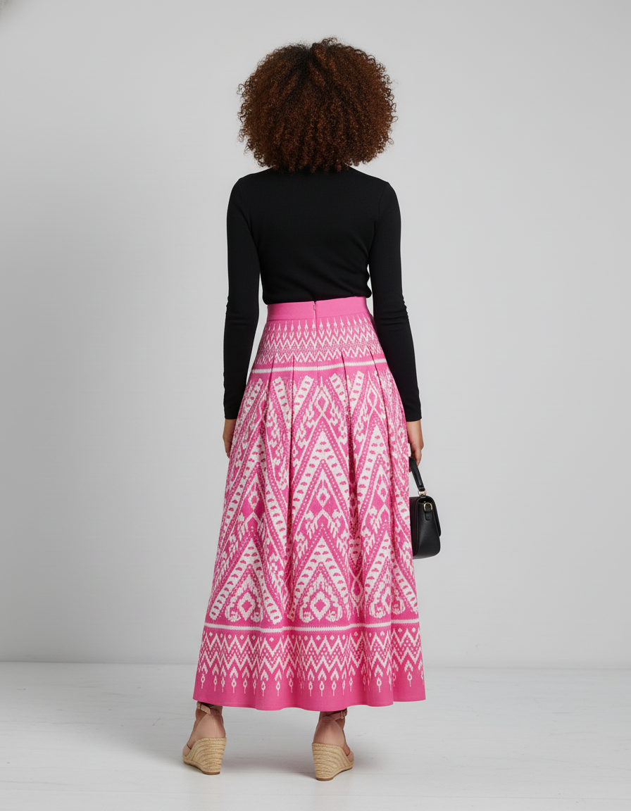 Jupe Longue Rose Imprimée Ikat Élégante