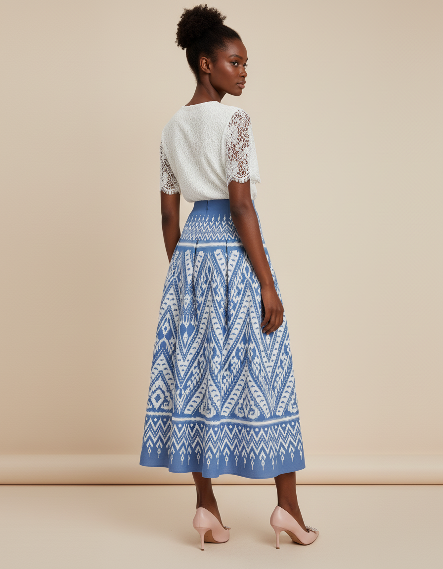 Jupe Longue Plissée Motif Ikat Élégante