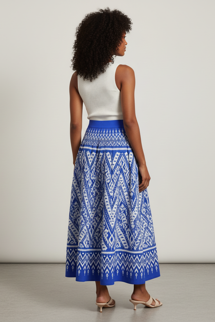 Jupe Longue Plissée Bleue Motif Ikat