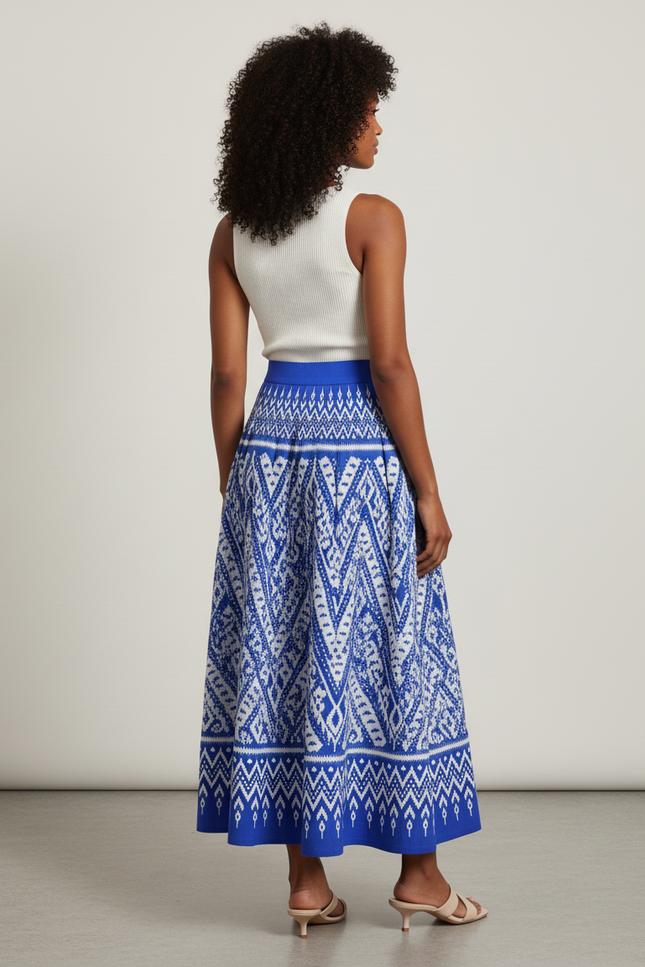 Jupe Longue Plissée Bleue Motif Ikat