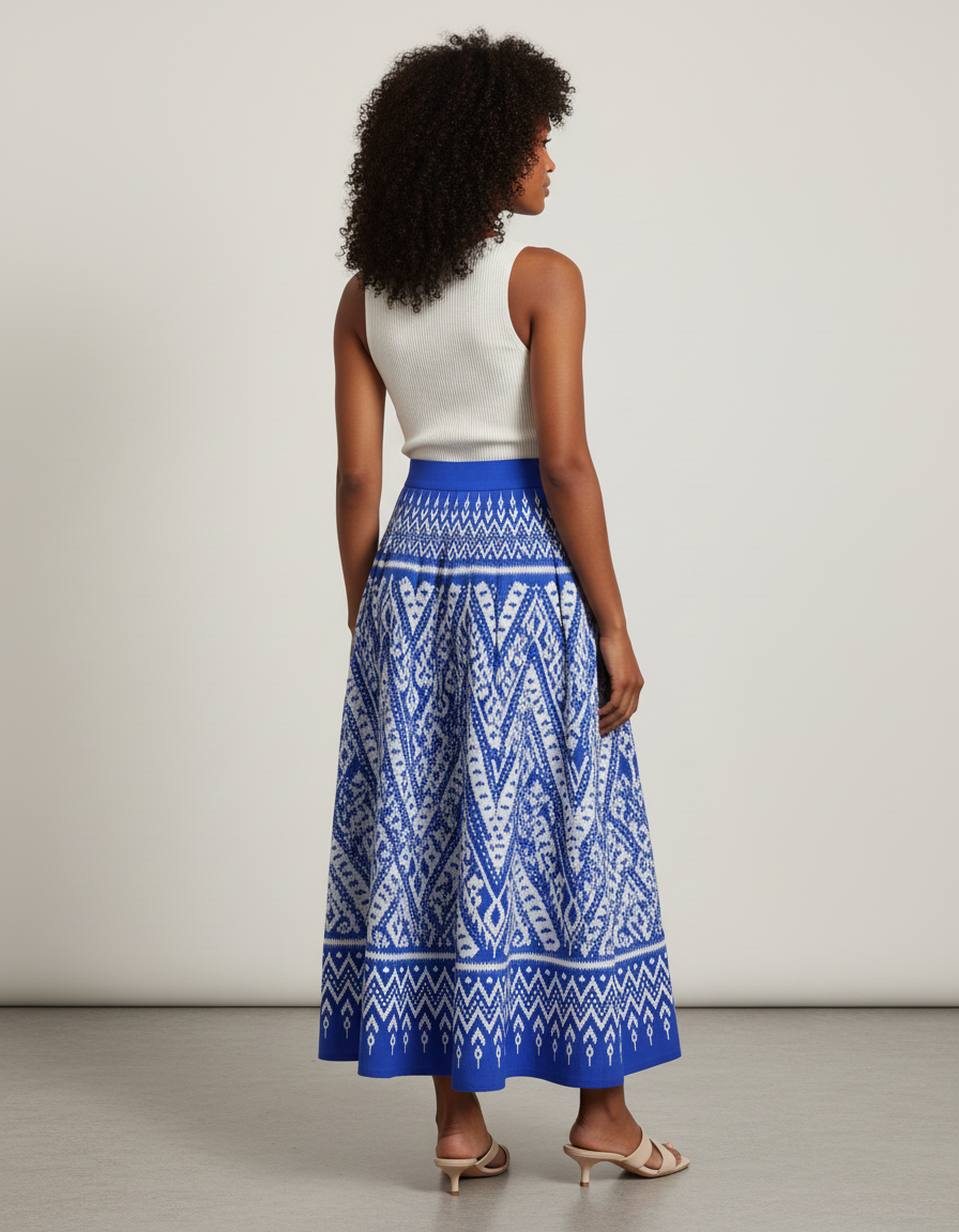 Jupe Longue Plissée Bleue Motif Ikat