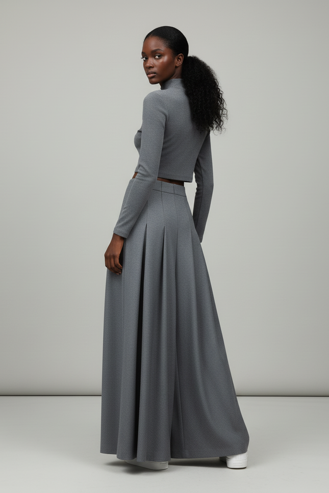 Jupe Longue Grise Plissée Élégante Tendance