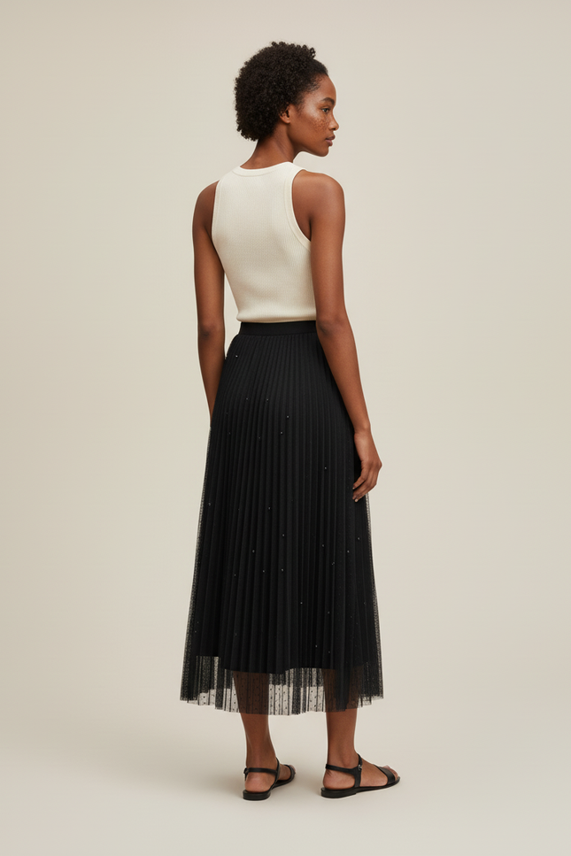 Jupe Longue Noire Plissée Perlée Élégante