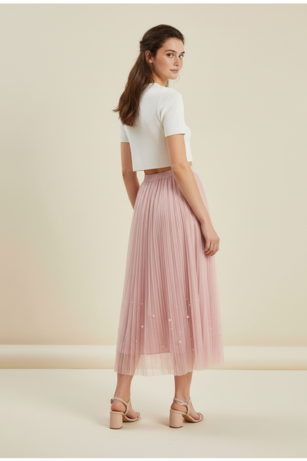 Jupe Longue Rose Perles Élégante