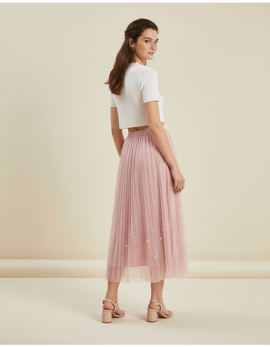 Jupe Longue Rose Perles Élégante